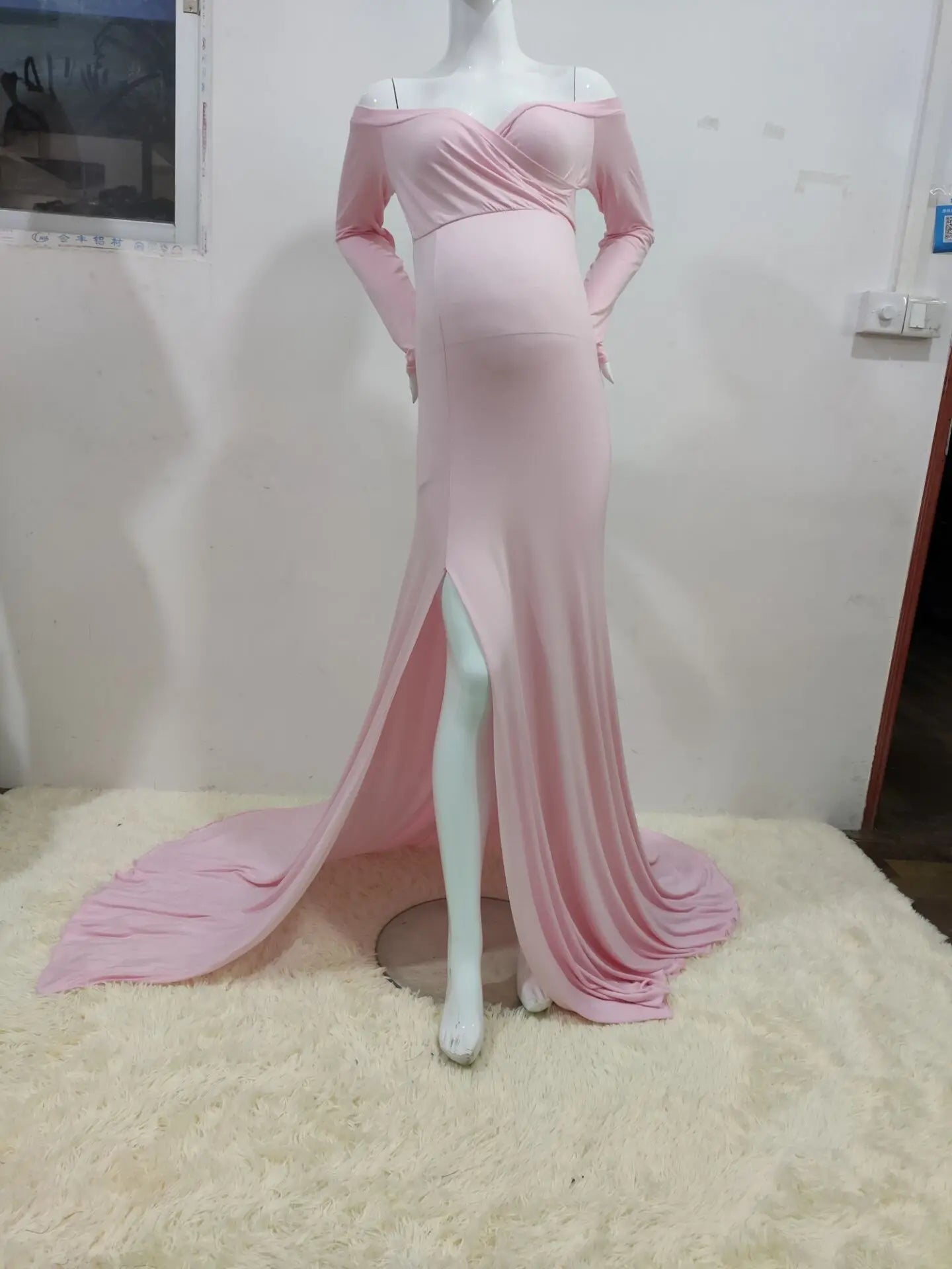 Maxi Off Shoulder Long Sleeve Dress for Pregnant Women pink dress