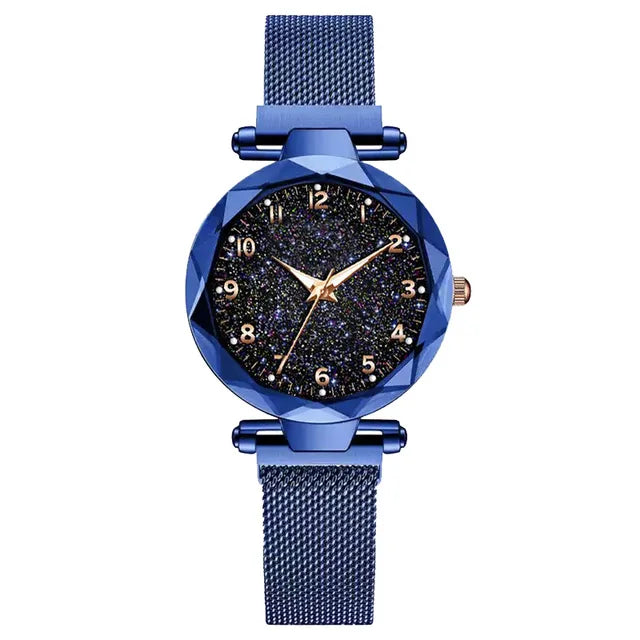 Luxury Women's Magnetic Mesh Belt Watch | Starry Sky Quartz Wristwatch | Fashionable Stainless Steel Ladies Clock Blue