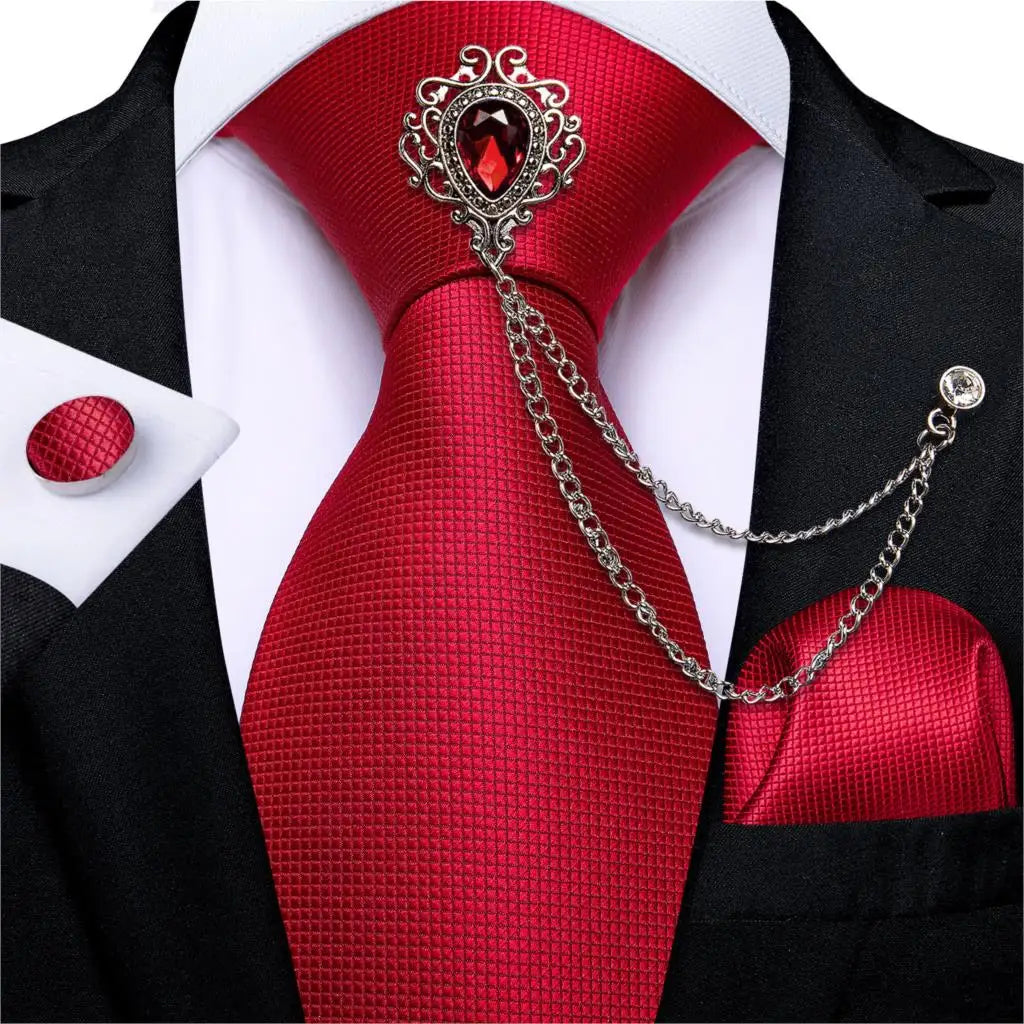 Fashion Green Dot Red 8cm Men's Silk Tie Business Wedding Party Necktie Handkerchief Brooch Cufflinks Set Men's Gift Tie DiBanGu 0206-XZ-0010