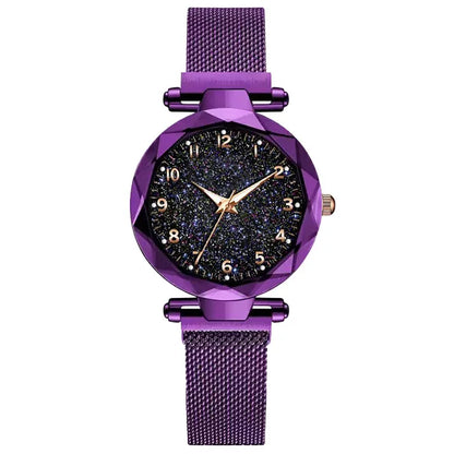 Luxury Women's Magnetic Mesh Belt Watch | Starry Sky Quartz Wristwatch | Fashionable Stainless Steel Ladies Clock Purple