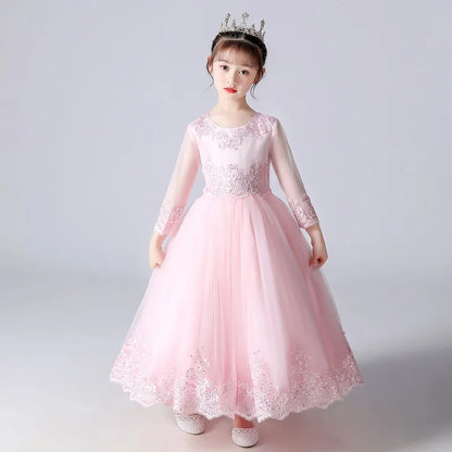 Kids' Floral Wedding Party Dress | Princess Flower Gown with Mesh Sleeves as photo