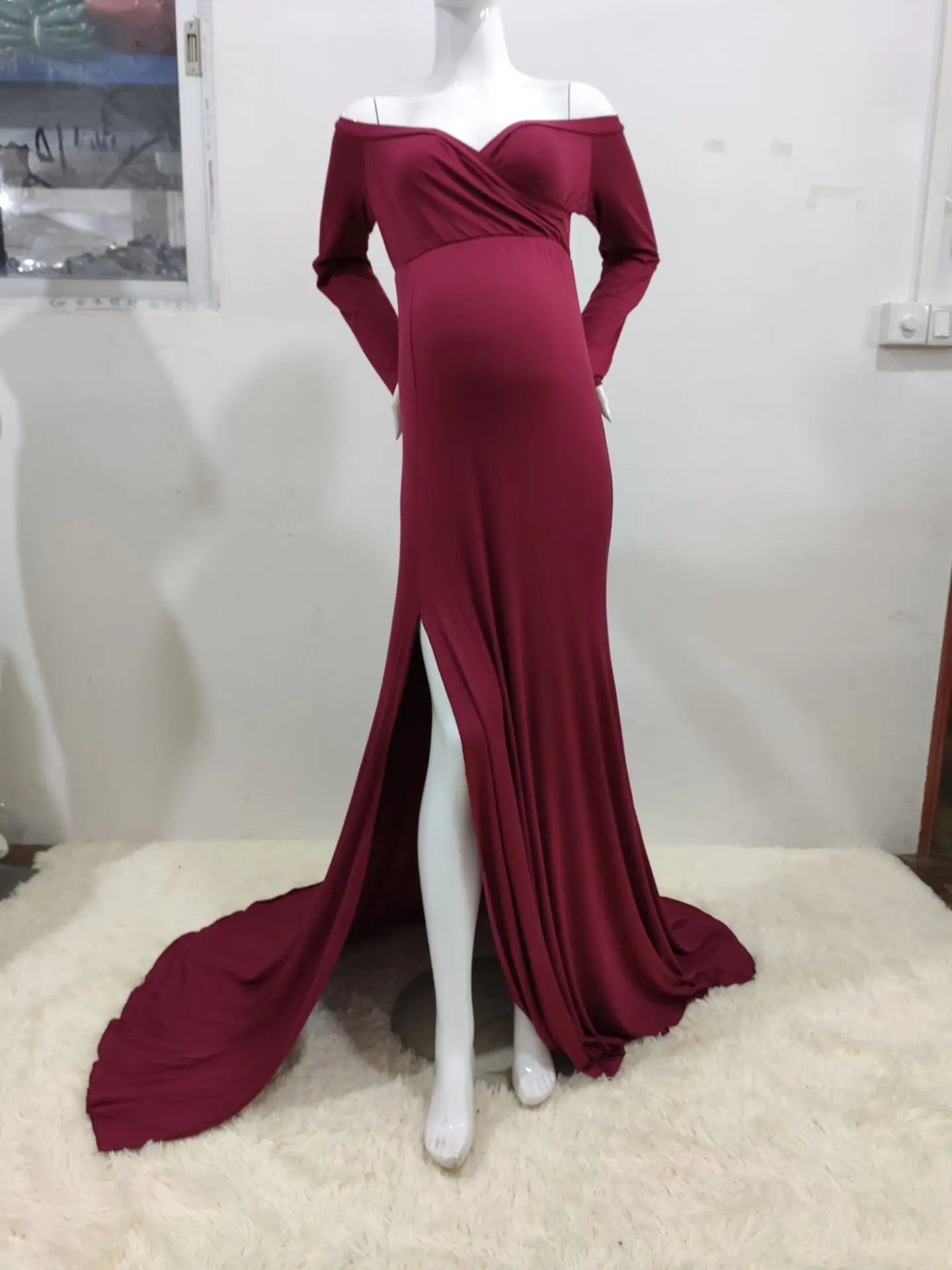 Maxi Off Shoulder Long Sleeve Dress for Pregnant Women wine red dress