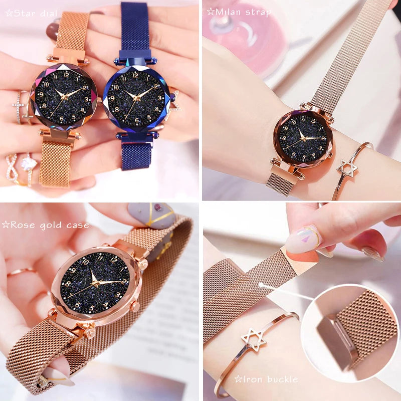 Luxury Women's Magnetic Mesh Belt Watch | Starry Sky Quartz Wristwatch | Fashionable Stainless Steel Ladies Clock