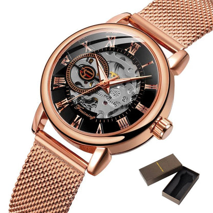 Forsining Women’s Rose Gold Skeleton Mechanical Watch | Stainless Steel Case, Roman Numeral Display, Hand Wind Wristwatch FSL8099RB with box