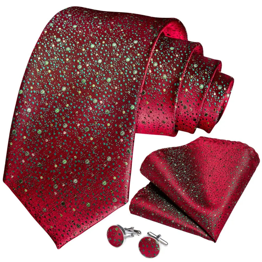 Fashion Green Dot Red 8cm Men's Silk Tie Business Wedding Party Necktie Handkerchief Brooch Cufflinks Set Men's Gift Tie DiBanGu