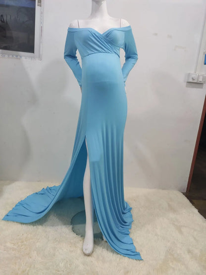 Maxi Off Shoulder Long Sleeve Dress for Pregnant Women light blue dress