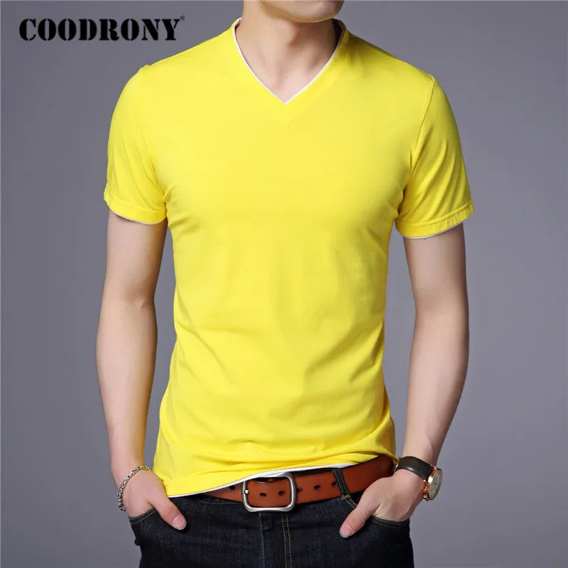 COODRONY Brand Summer Short Sleeve T Shirt Men Cotton Tee Shirt Homme Streetwear Casual V-Neck T-Shirt Men Clothing Tops C5102S Yellow