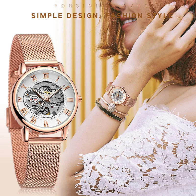 Forsining Women’s Rose Gold Skeleton Mechanical Watch | Stainless Steel Case, Roman Numeral Display, Hand Wind Wristwatch