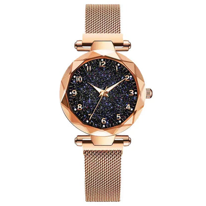 Luxury Women's Magnetic Mesh Belt Watch | Starry Sky Quartz Wristwatch | Fashionable Stainless Steel Ladies Clock Rose Gold