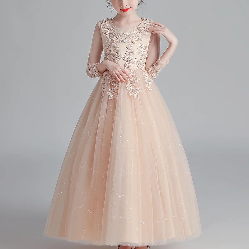 Kids' Floral Wedding Party Dress | Princess Flower Gown with Mesh Sleeves Champagne