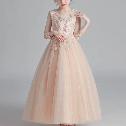 Kids' Floral Wedding Party Dress | Princess Flower Gown with Mesh Sleeves Champagne