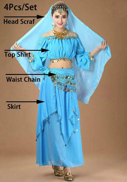 Women's Purple Belly Dance Costume Set | Chiffon Coin Long Sleeve Top & Skirt 4pcs Lake Blue One Size