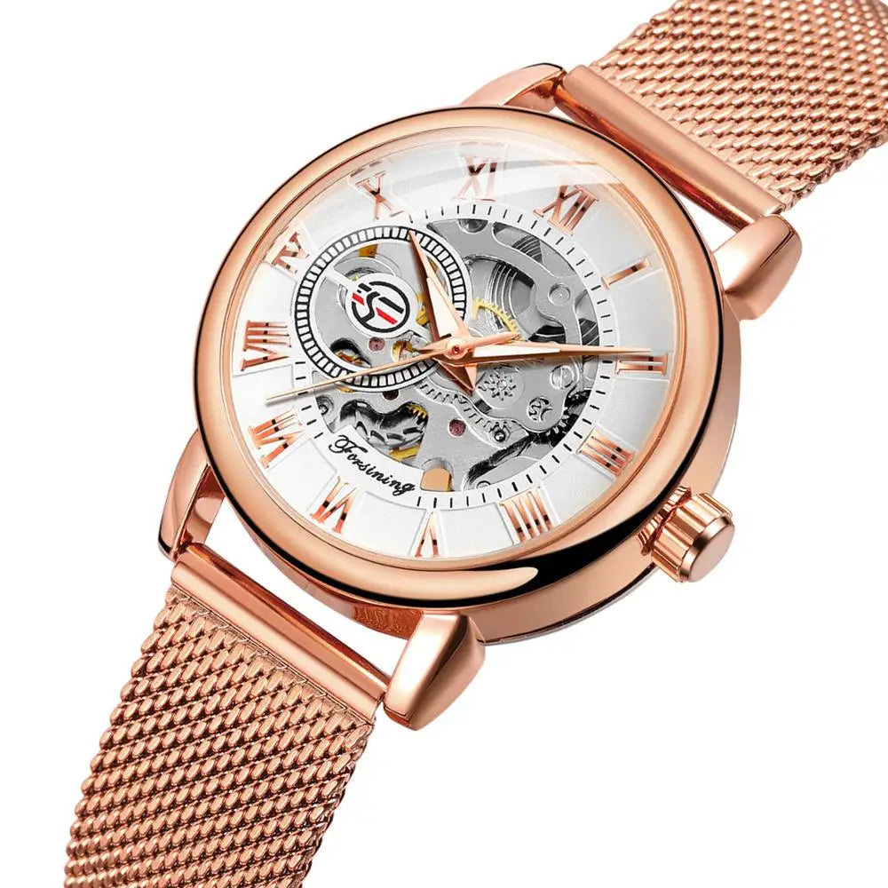 Forsining Women’s Rose Gold Skeleton Mechanical Watch | Stainless Steel Case, Roman Numeral Display, Hand Wind Wristwatch