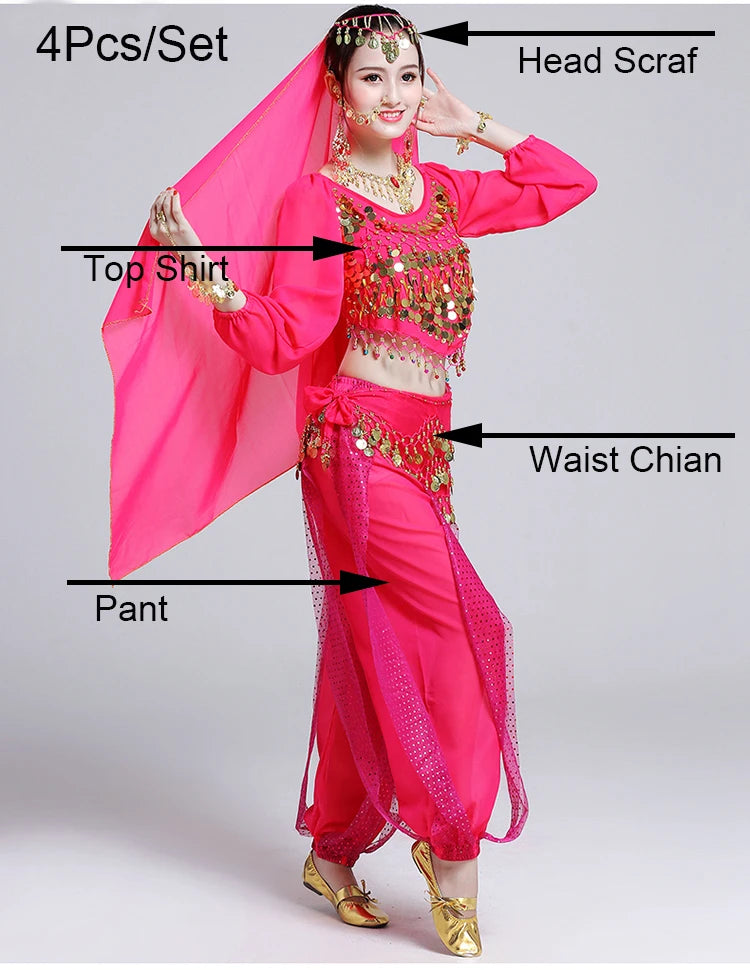 Women's Bollywood Belly Dance Costume Set – Indian Dance Outfit for Stage Performances Hot Pink 4pcs One Size