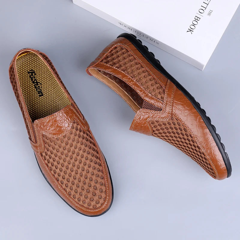 FUQIAO 2024 Men's Summer Casual Shoes Soft Mesh Leather Loafers