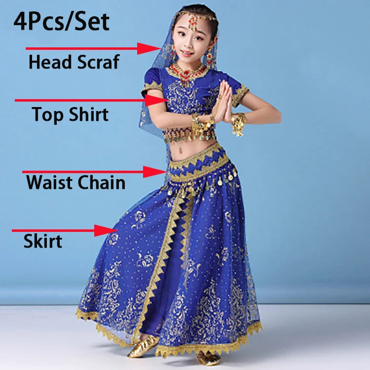 Children’s Belly Dance Costume Set | Bollywood Inspired Girls' Dance Dress | Stage Competition Outfit Blue