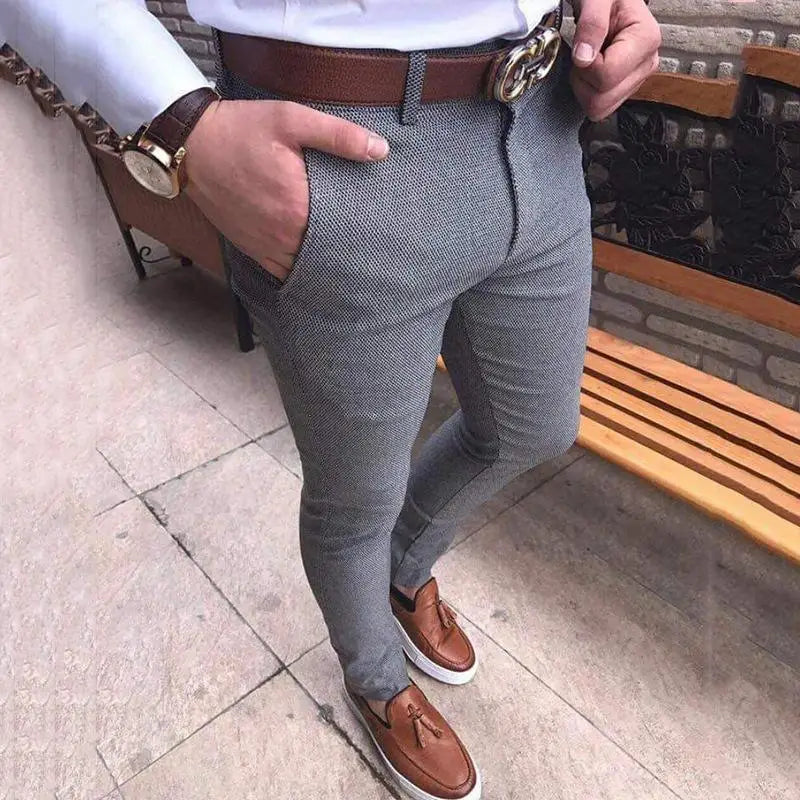 Men's Fashion Casual Pants Social Business Slim Fit Tight Long Trousers Elasticity Formal Office Suit Dress Streetwear Clothing Light gray