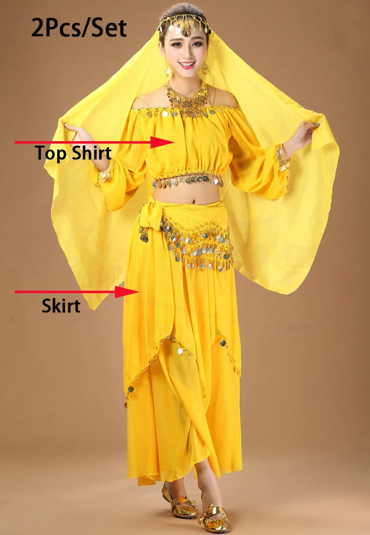 Women's Purple Belly Dance Costume Set | Chiffon Coin Long Sleeve Top & Skirt 2pcs Yellow One Size