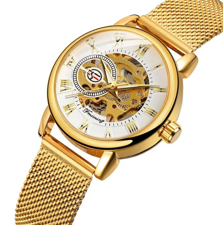 Forsining Women’s Rose Gold Skeleton Mechanical Watch | Stainless Steel Case, Roman Numeral Display, Hand Wind Wristwatch FSL8099GW