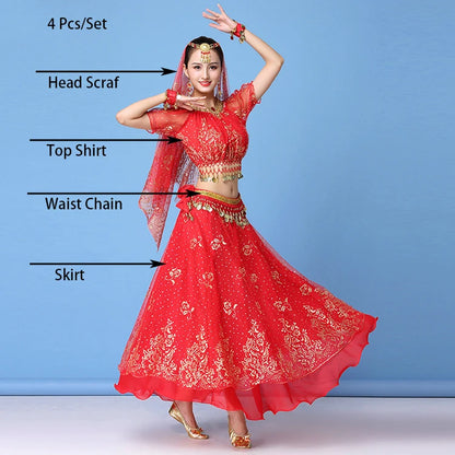 Lady Egypt Dance Wear | Bollywood Indian Dance Costume Set | Adult Belly Dancing Clothes | 4-Piece Skirt Set Red One Size