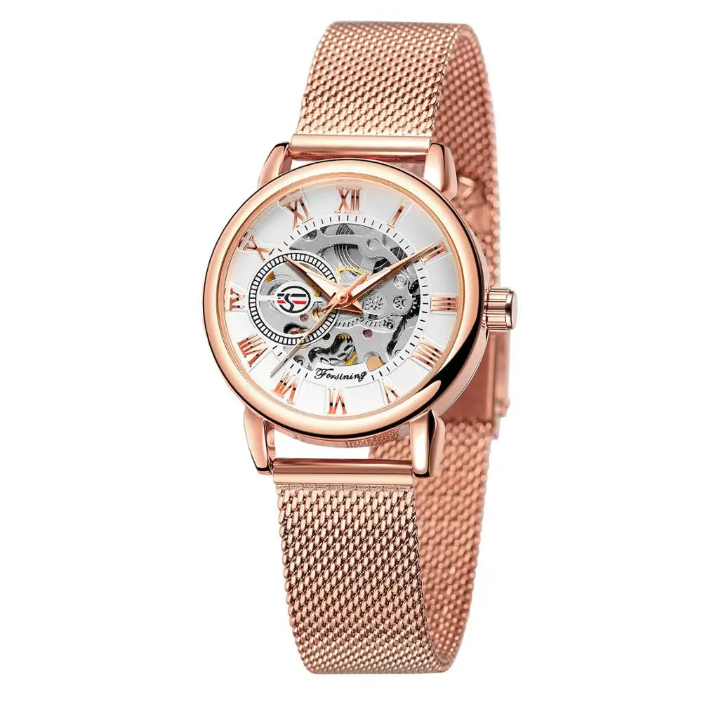 Forsining Women’s Rose Gold Skeleton Mechanical Watch | Stainless Steel Case, Roman Numeral Display, Hand Wind Wristwatch