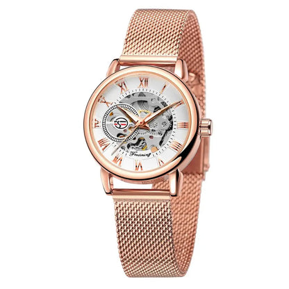 Forsining Women’s Rose Gold Skeleton Mechanical Watch | Stainless Steel Case, Roman Numeral Display, Hand Wind Wristwatch