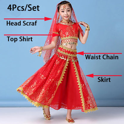 Children’s Belly Dance Costume Set | Bollywood Inspired Girls' Dance Dress | Stage Competition Outfit Red