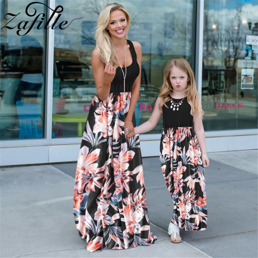 ZAFILLE Elegant Floral Family Matching Outfits – Mother and Daughter Long Dresses