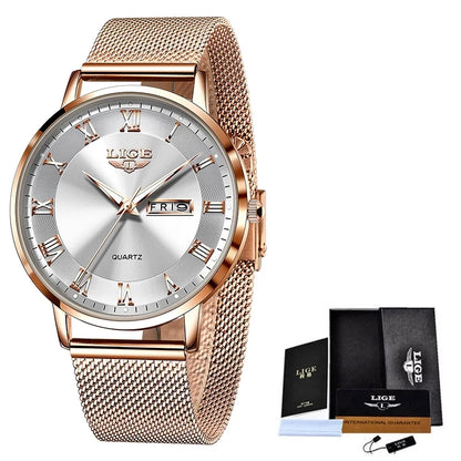 LIGE 2024 Luxury Ladies Watch | Waterproof Rose Gold Steel Strap Wristwatch | Top Brand Bracelet Clocks