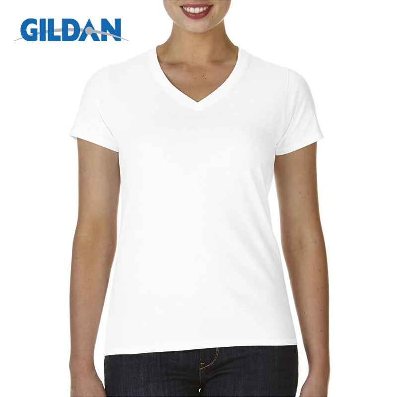 Gildan Brand Women Summer V Neck Short Sleeve Cotton T Shirt Slim Camiseta Feminina T Shirts Female Oversized Tops Tees WHITE