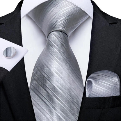 DiBanGu Mens Necktie Silver Gray Striped Design Silk Wedding Tie For Men Tie Hanky Cufflink Tie Set Business Party Dropshipping MJ-7286