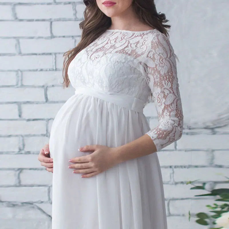 Puococo Maternity Lace Dress - Elegant & Comfortable for Pregnancy Photoshoots WHITE