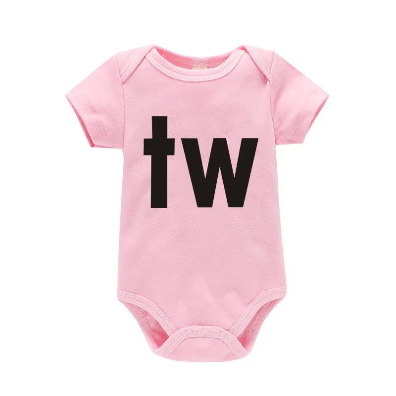 TW & IN Letter Print Newborn Infant Baby Boys Girls Black Bodysuit Twins Romper Jumpsuit Outfits Hipster Baby Clothes 0-24M TW-pink