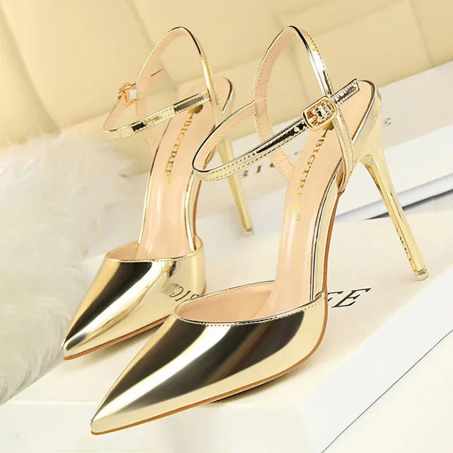 BIGTREE Fashion High Heels - Patent Leather Pointed Toe Pumps | Super High Thin Stiletto Heels | Blue & Silver Sandals for Women gold