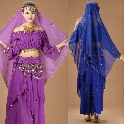 Women's Purple Belly Dance Costume Set | Chiffon Coin Long Sleeve Top & Skirt