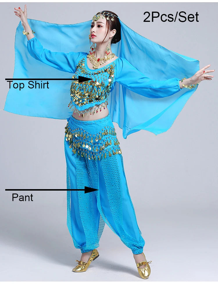 Women's Bollywood Belly Dance Costume Set – Indian Dance Outfit for Stage Performances Lake Blue 2pcs One Size