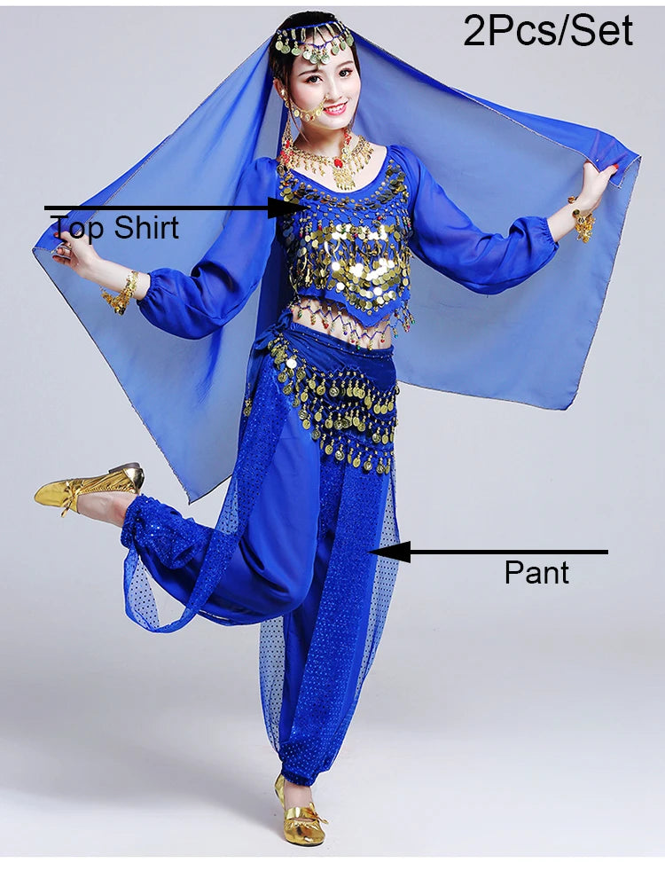 Women's Bollywood Belly Dance Costume Set – Indian Dance Outfit for Stage Performances Blue 2pcs One Size