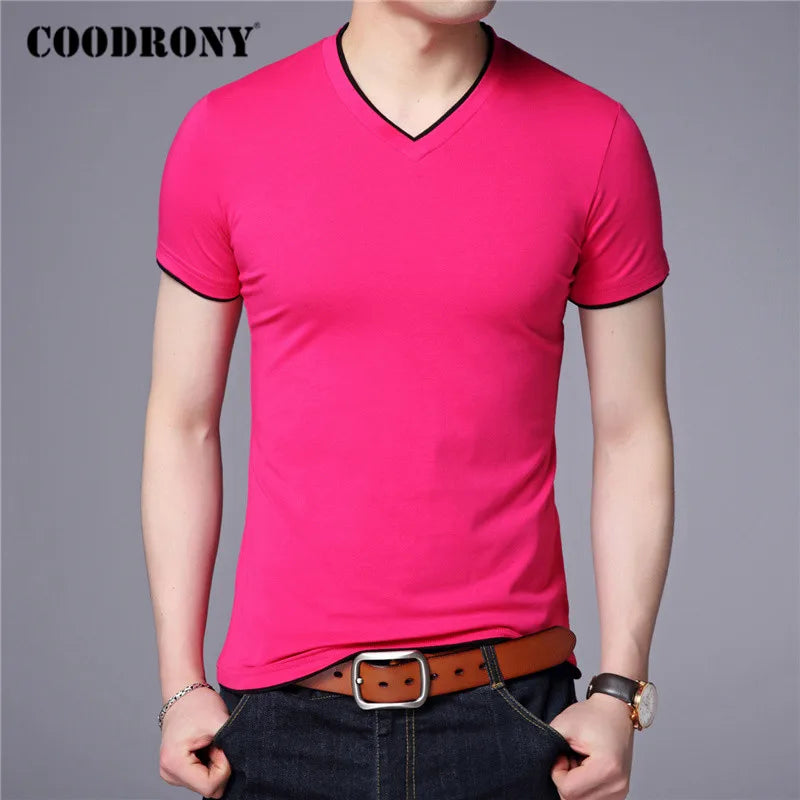 COODRONY Brand Summer Short Sleeve T Shirt Men Cotton Tee Shirt Homme Streetwear Casual V-Neck T-Shirt Men Clothing Tops C5102S Pink