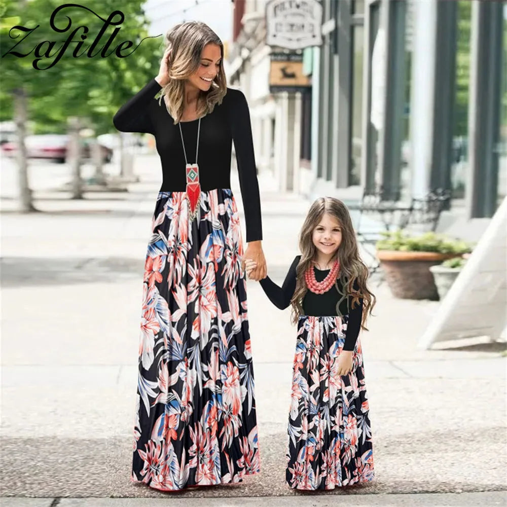 ZAFILLE Elegant Floral Family Matching Outfits – Mother and Daughter Long Dresses