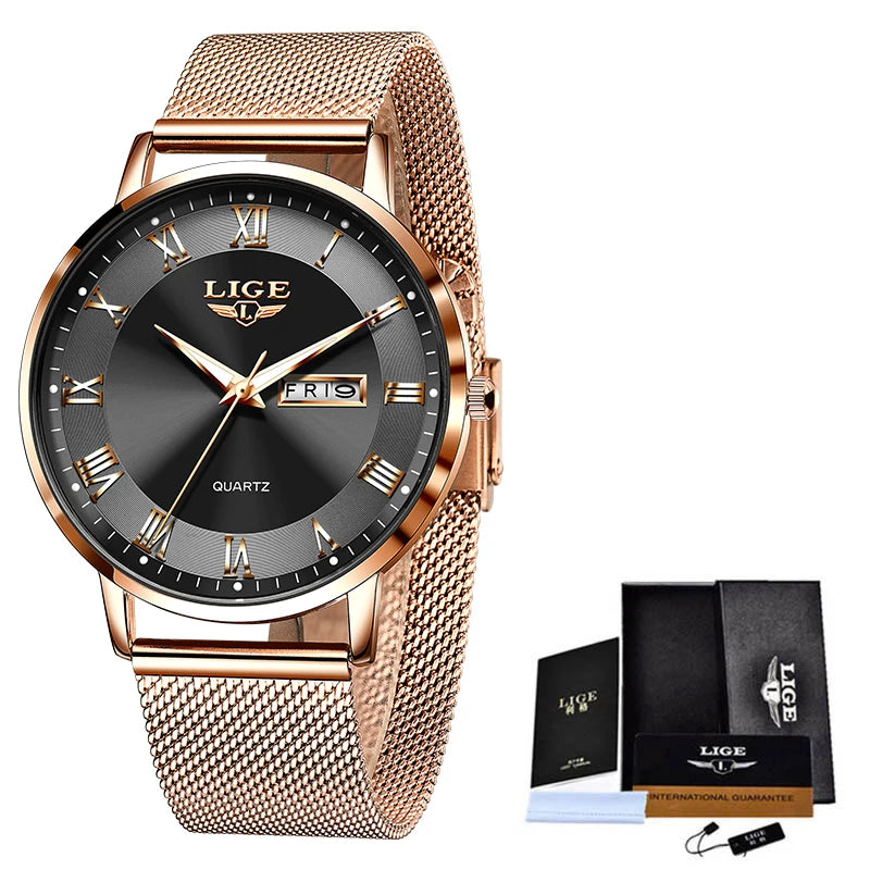 LIGE 2024 Luxury Ladies Watch | Waterproof Rose Gold Steel Strap Wristwatch | Top Brand Bracelet Clocks Rose gold black