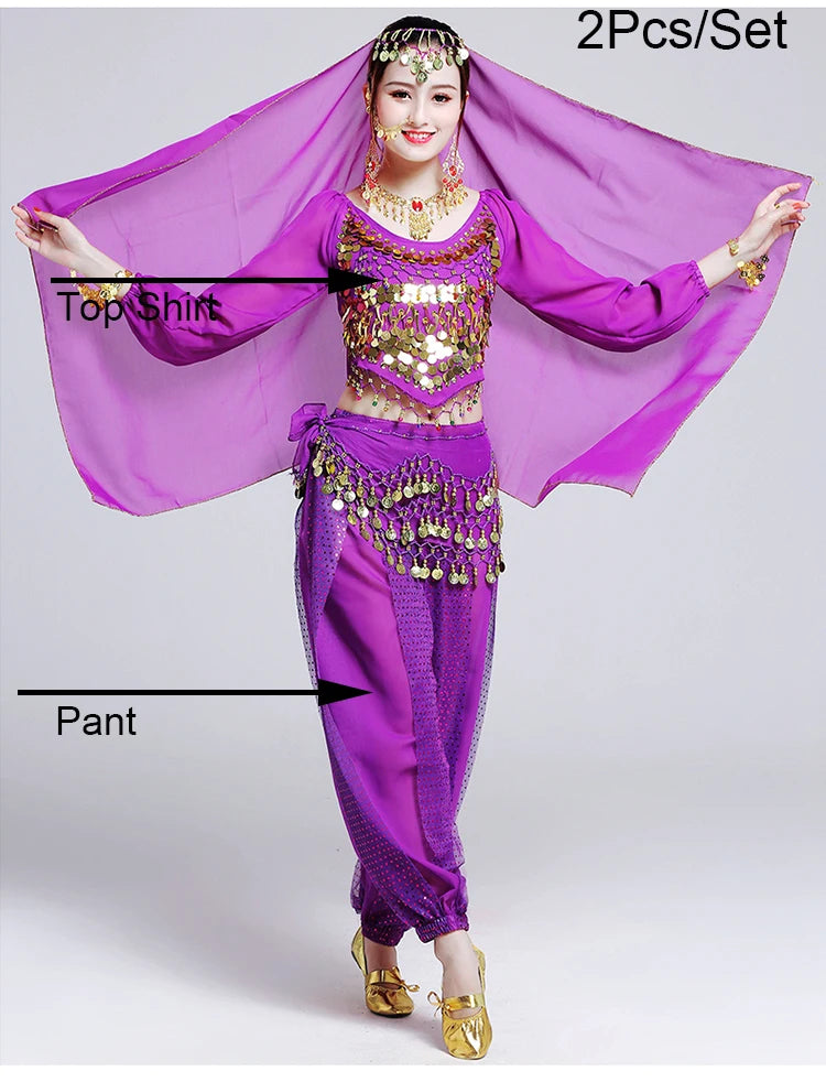 Women's Bollywood Belly Dance Costume Set – Indian Dance Outfit for Stage Performances Purple 2pcs One Size