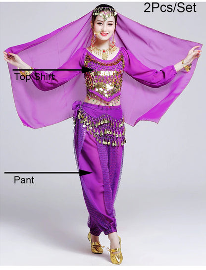 Women's Bollywood Belly Dance Costume Set – Indian Dance Outfit for Stage Performances Purple 2pcs One Size