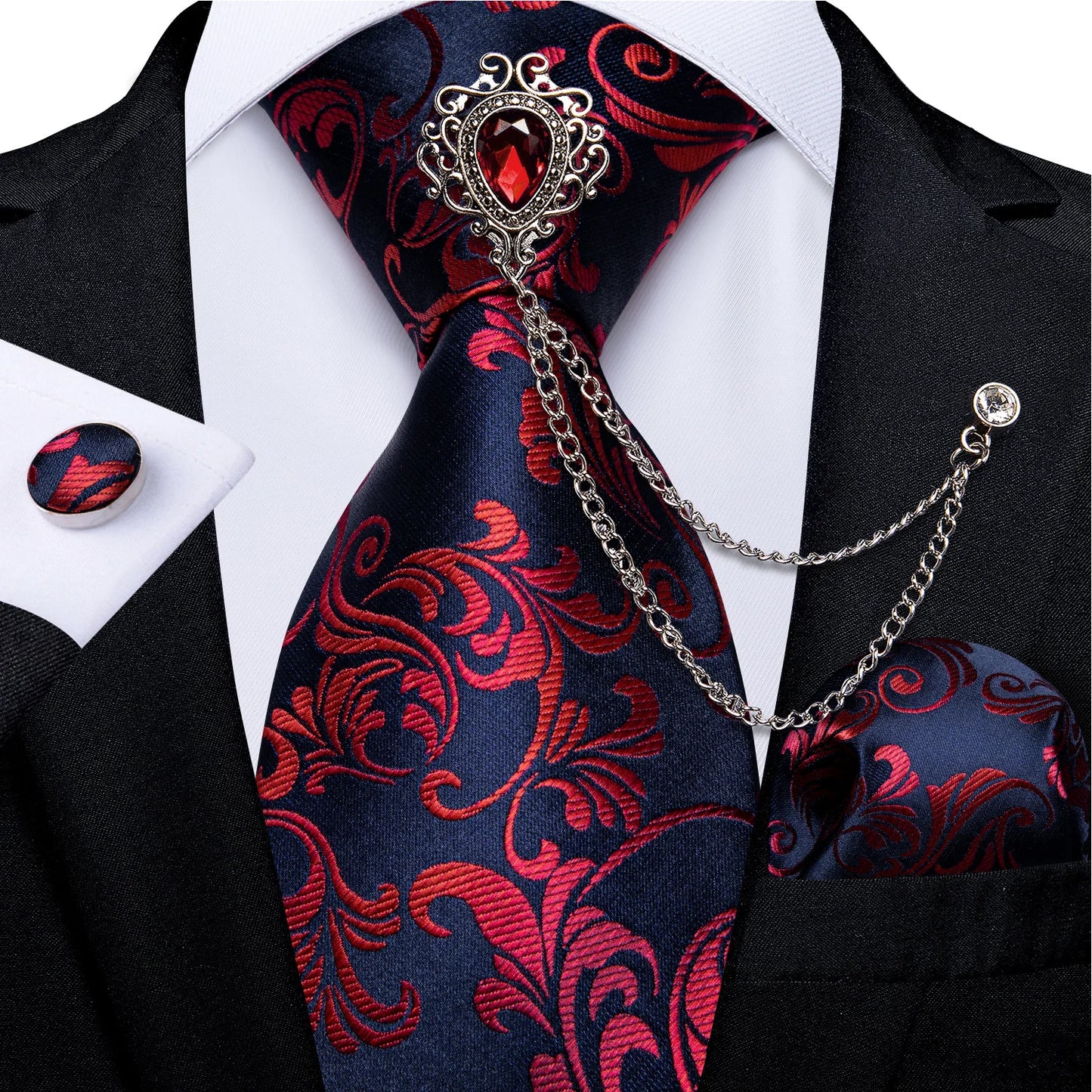 Fashion Green Dot Red 8cm Men's Silk Tie Business Wedding Party Necktie Handkerchief Brooch Cufflinks Set Men's Gift Tie DiBanGu 7385-XZ-0010