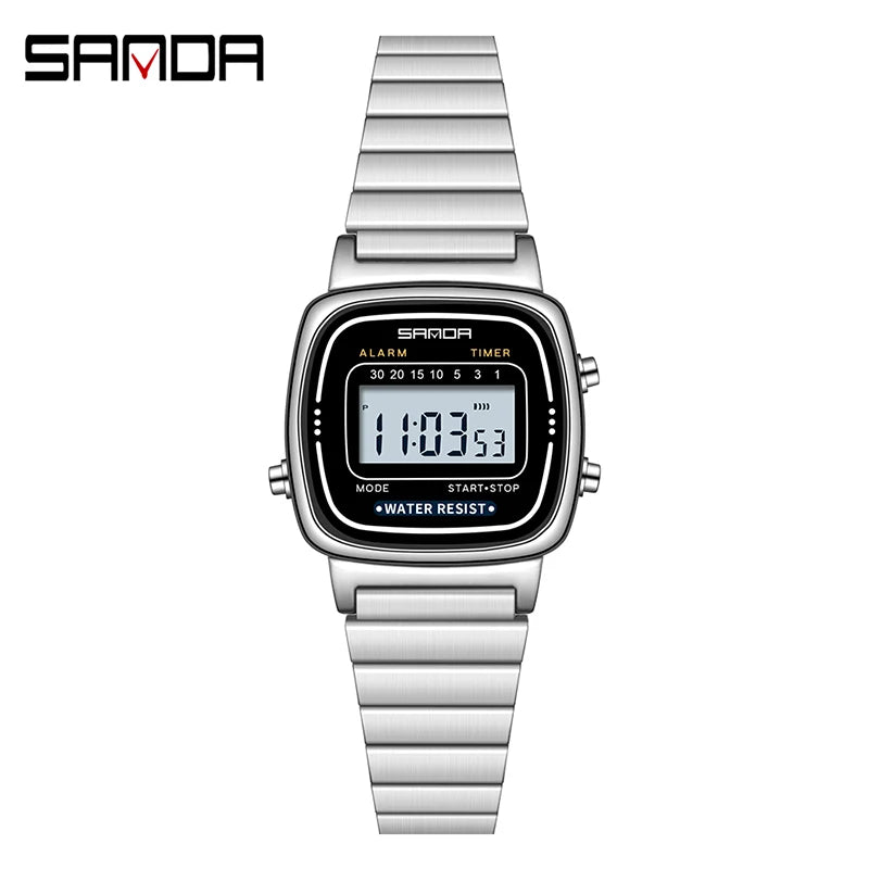 SANDA 6053 LED Digital Watch | Fashionable Waterproof Sport Watch for Boys & Women with Stopwatch and Multiple Features Silver CHINA