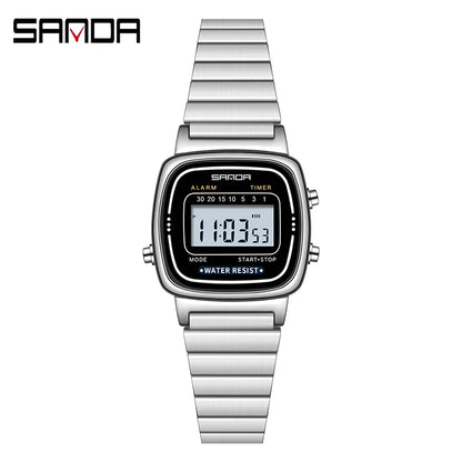 SANDA 6053 LED Digital Watch | Fashionable Waterproof Sport Watch for Boys & Women with Stopwatch and Multiple Features Silver CHINA