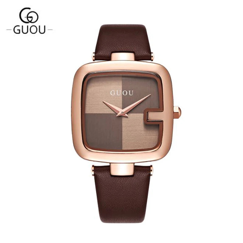 GUOU Women's Square Fashion Watch - Luxury Leather Strap Quartz Timepiece, 3Bar Water Resistant