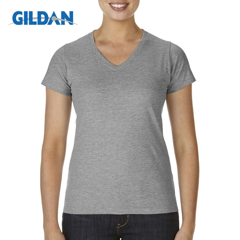 Gildan Brand Women Summer V Neck Short Sleeve Cotton T Shirt Slim Camiseta Feminina T Shirts Female Oversized Tops Tees Sport Grey