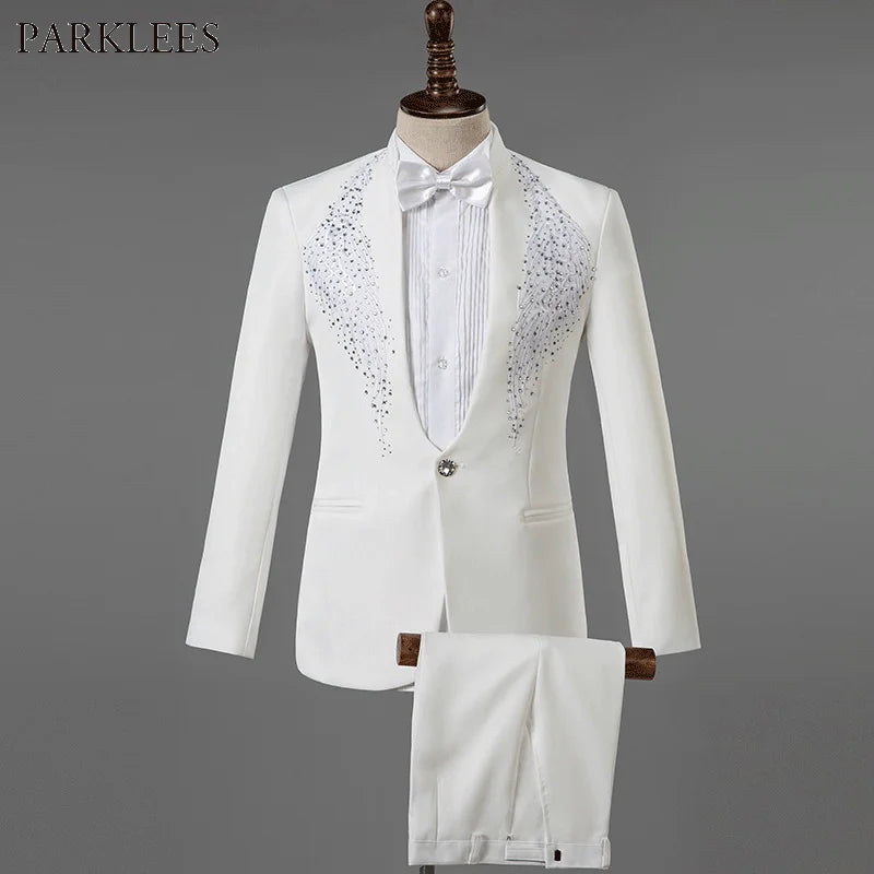 White Wedding Groom Suit - Slim Fit Tuxedo with Diamond Embroidery for Men | Stylish 3-Piece Outfit