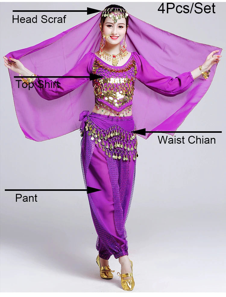 Women's Bollywood Belly Dance Costume Set – Indian Dance Outfit for Stage Performances Purple 4pcs One Size