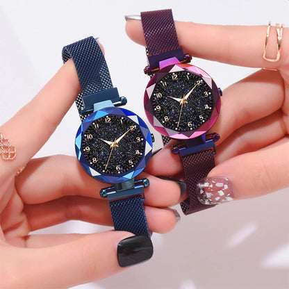 Luxury Women's Magnetic Mesh Belt Watch | Starry Sky Quartz Wristwatch | Fashionable Stainless Steel Ladies Clock